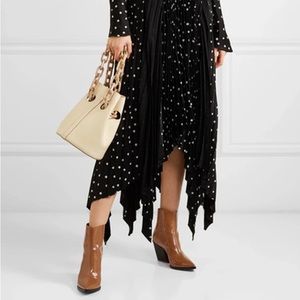 Aeyde caramel patent ankle boots size 40 with signature red heel and thr…